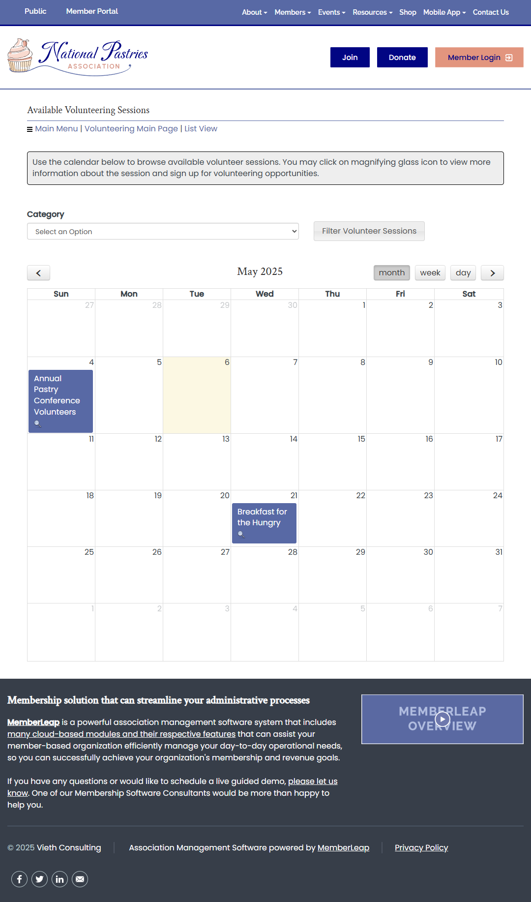 Member's Volunteering Calendar Page